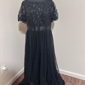 Ever Pretty Black Beaded Evening Dress with Sheer Short Sleeves